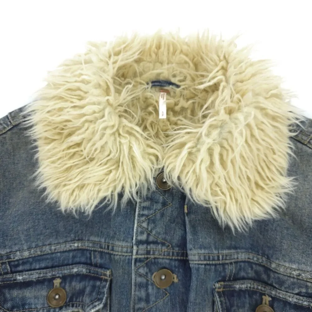 FREE PEOPLE Shaggy Fur Denim Trucker Jacket Festival Boho Indie Downtown Girl - Picture 2 of 13